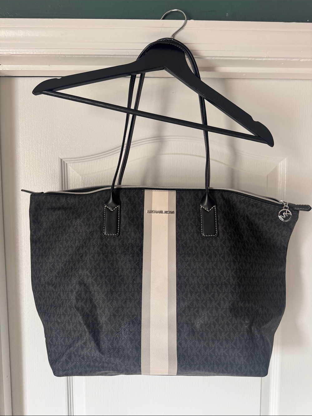 Michael Kors Black Tote with Cream Center Stripe